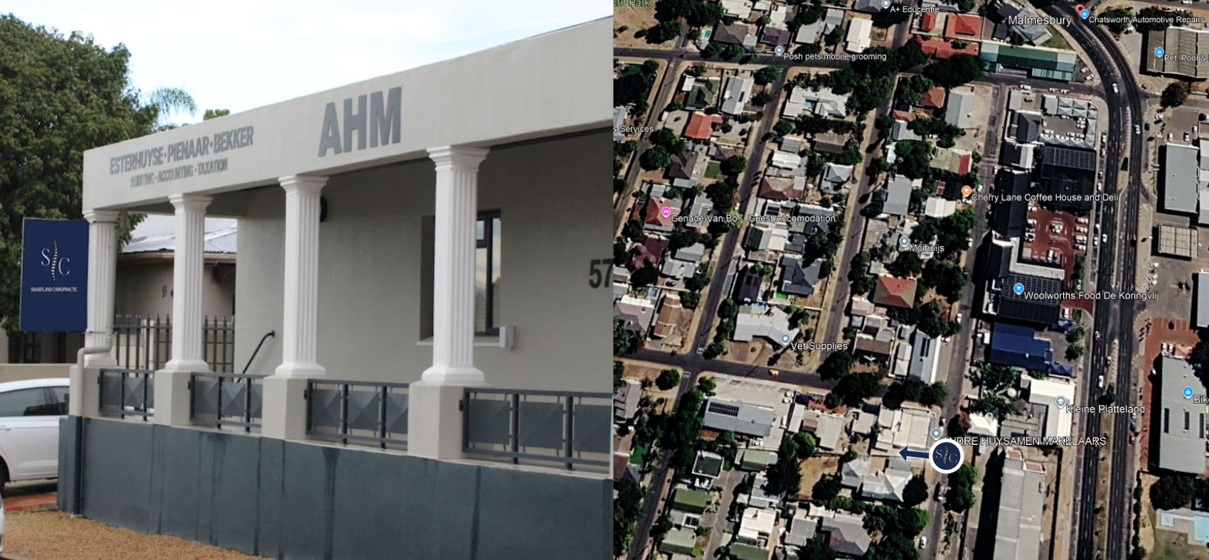 Map showing Swartland Chiropractic at 57 Hugenote Street, Malmesbury